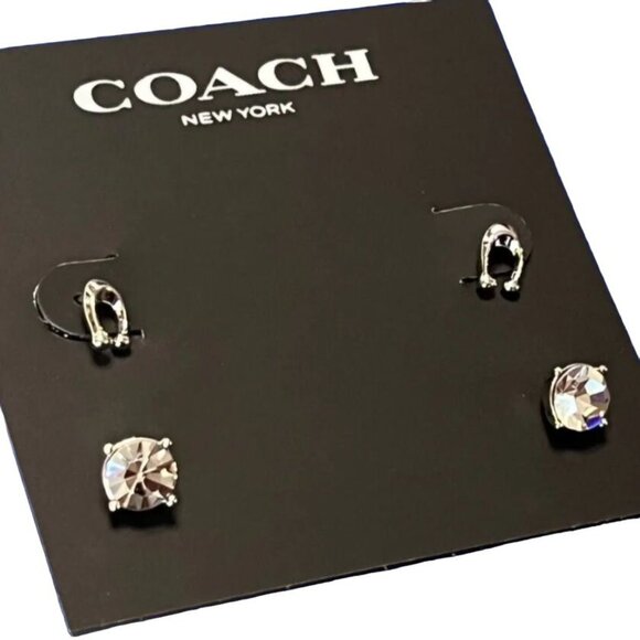 Coach Signature C & Stone Stud Earrings Set Silver Butterfly Close New With Tags - Picture 10 of 13